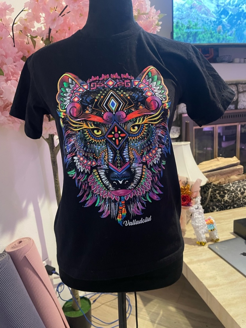 Express Black Tee with Multicolor Neon Wolf Graphic